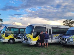 Out There Cycling mini buses ready to transport bike riders and their bikes along the Brisbane Valley Rail Trail