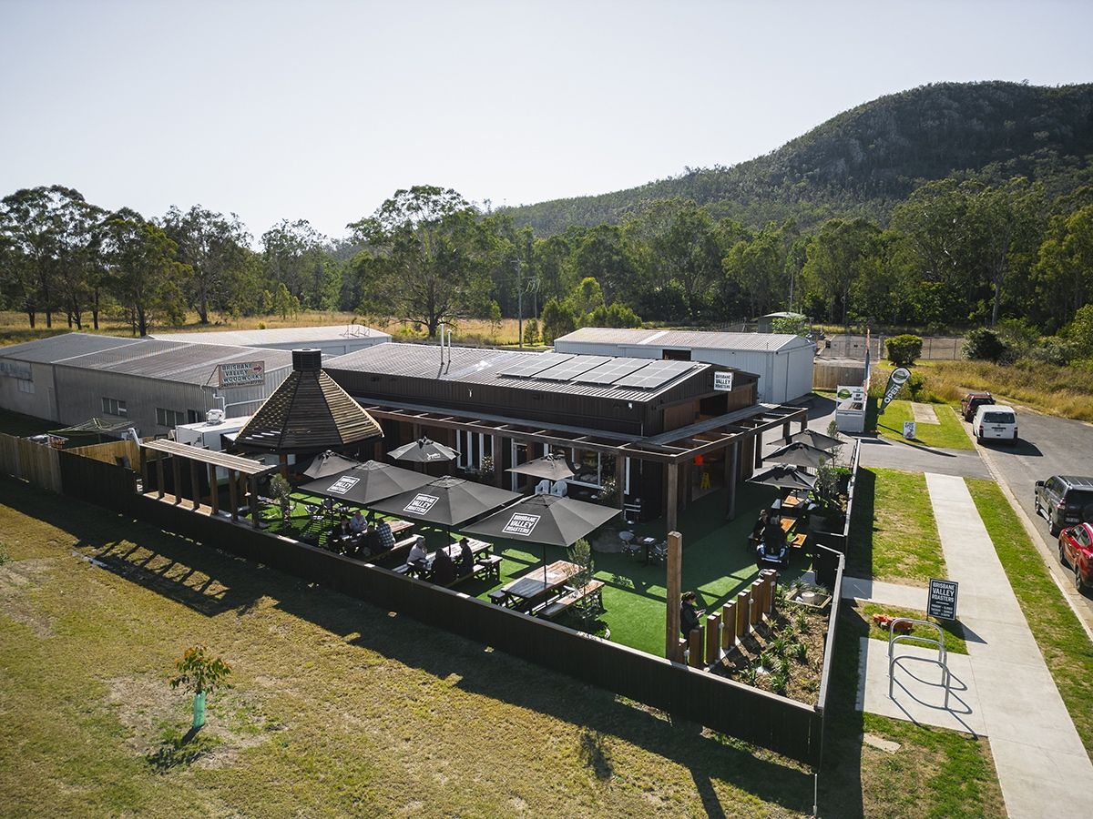 Aerial Photo of the Brisbane Valley Roasters Venue ready for the live music events in Esk