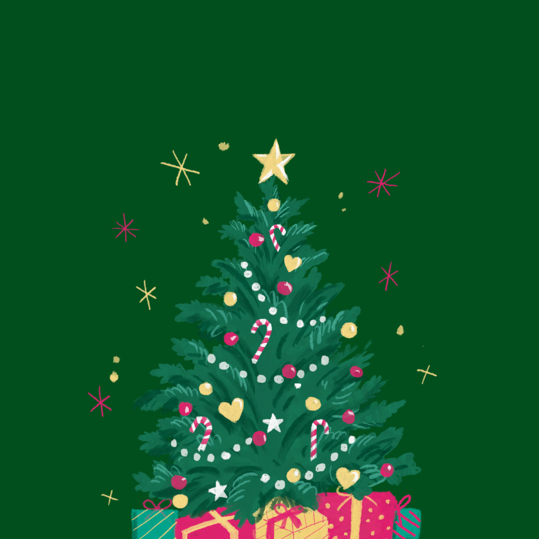 Cartoon Christmas Tree. Green background, with lighter shade of green tree full of decorations and presents underneath.