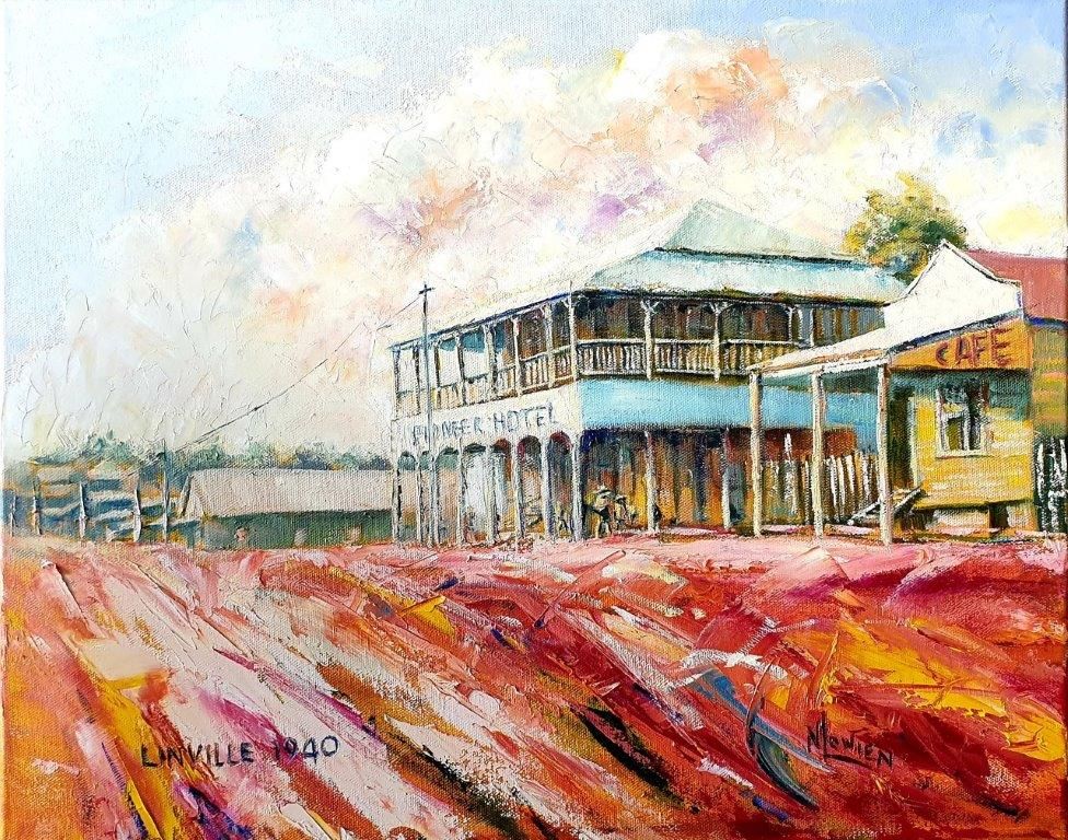 Oil painting of old The Linville Hotel, featuring the building and a red dirt road in front of it.