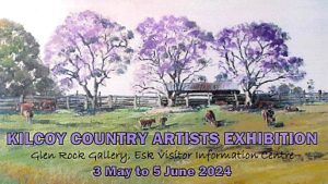 A farm painting of jacarandas, cows, old rusted sheds and fencing