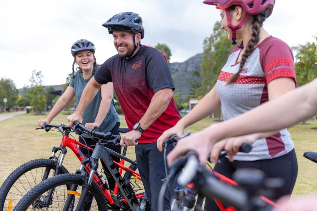Group testing out mountain bikes on the Brisbane Valley Rail Trail