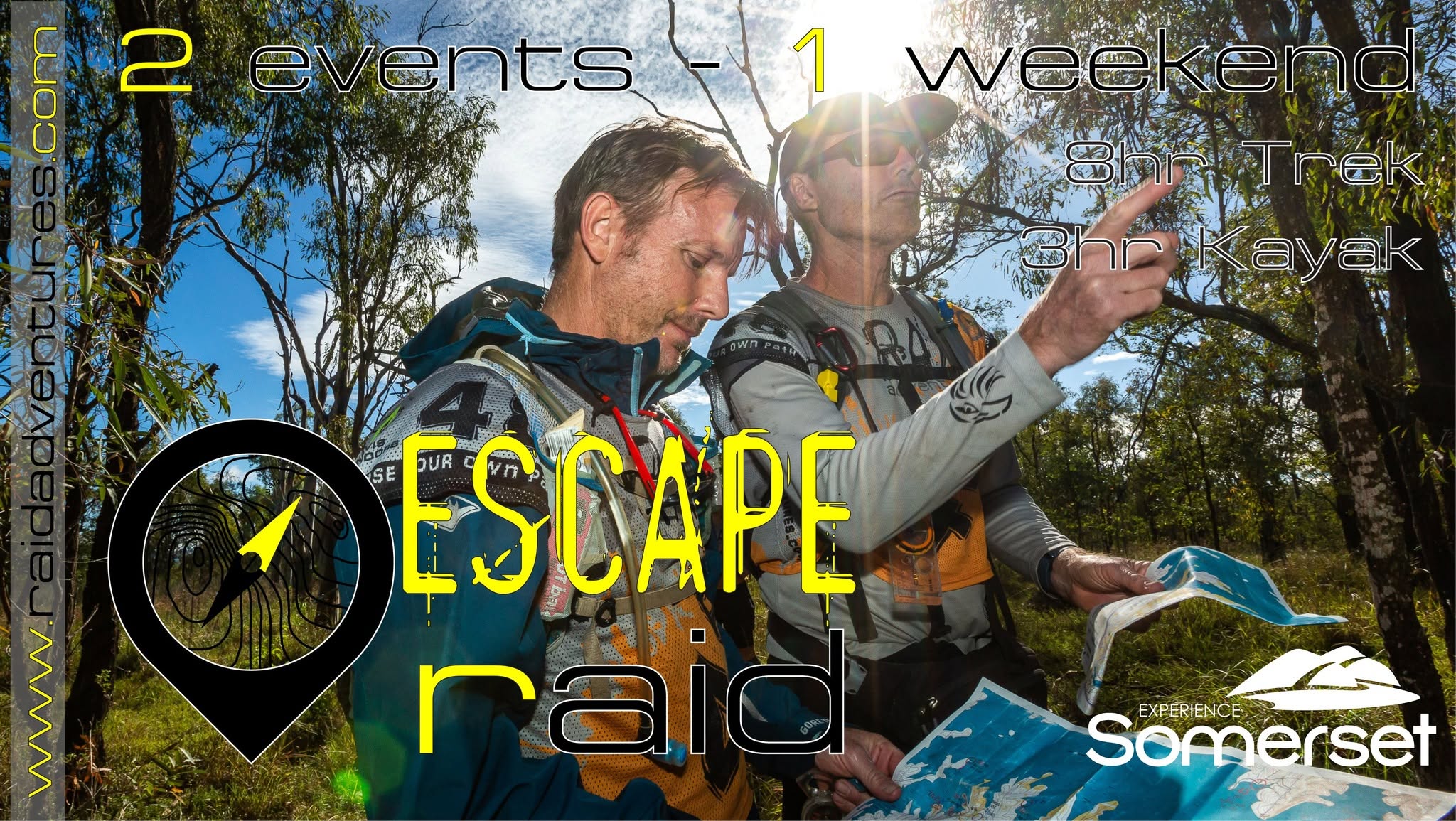 Poster for Escape Raid , 20-21 June 2026. Two men holding maps in the outdoors