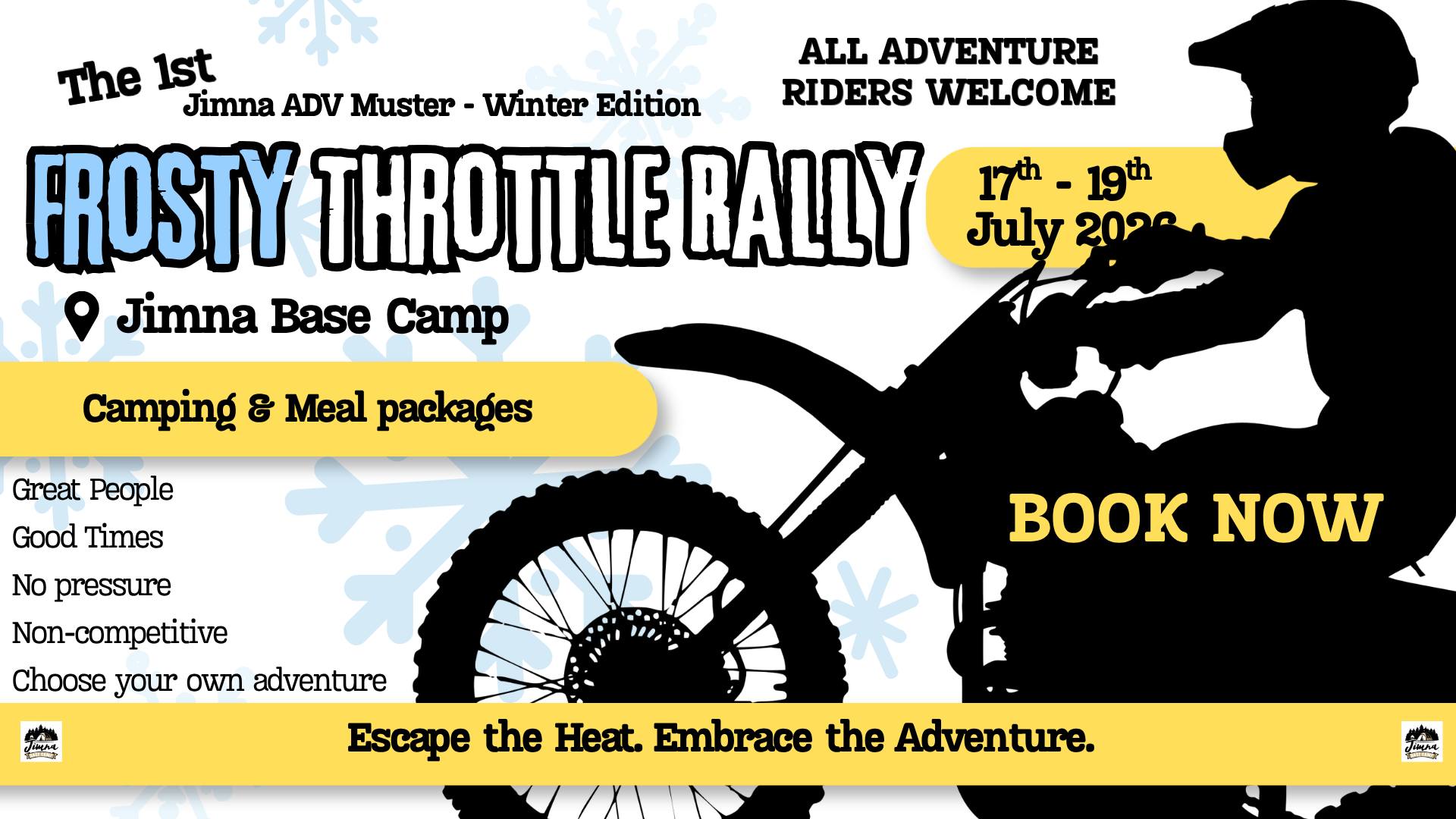 Poster for the Jimna ADV Muster - The Frosty Throttle Rally from 17-19 July 2026 at Jimna Base Camp. Silhouette of a motorbike rider to the right of the poster.