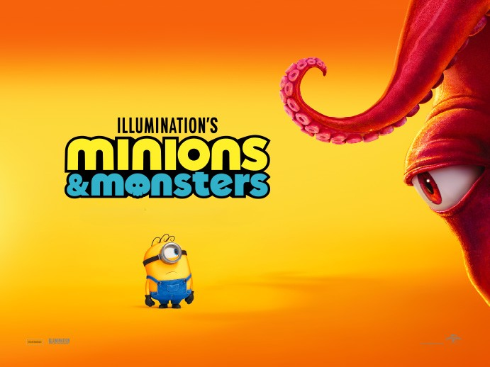 Minions and Monsters Movie poster. A yellow minion wearing blue overalls with one eye, looking a a larger red monster with tentacles