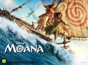 Movie Poster for Moana - Girl and father on a sail canoe riding a wave