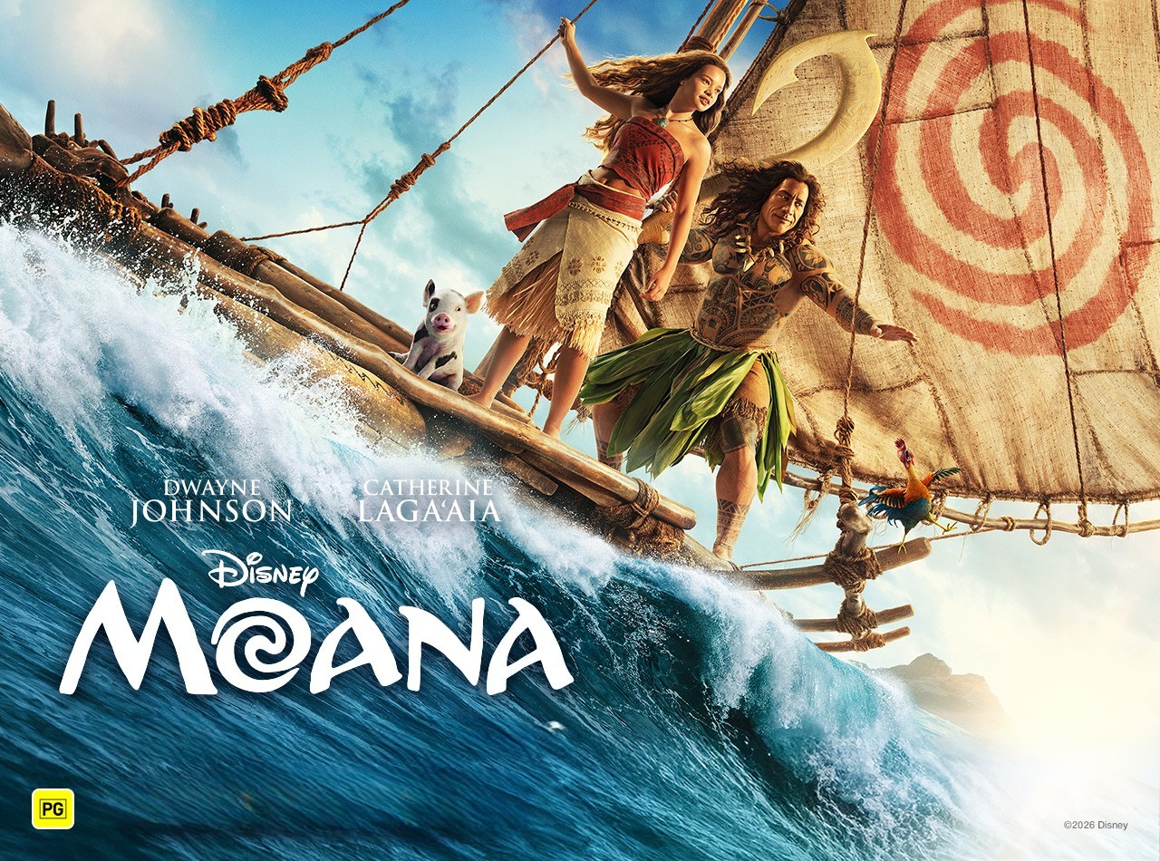 Movie Poster for Moana - Girl and father on a sail canoe riding a wave