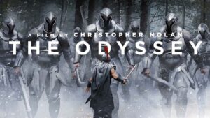 Movie Poster for The Odyssey- warrior up against a group of tall metal soldiers