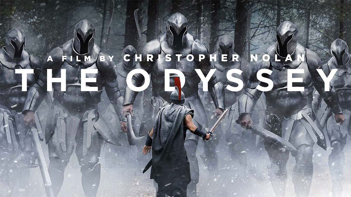 Movie Poster for The Odyssey- warrior up against a group of tall metal soldiers