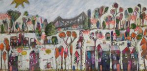 Quirky and Colourful painting of houses, trees and bridge