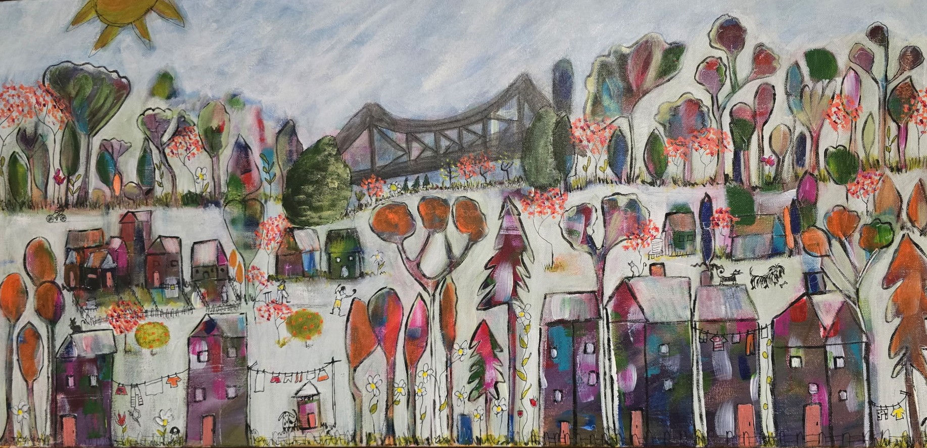 Quirky and Colourful painting of houses, trees and bridge