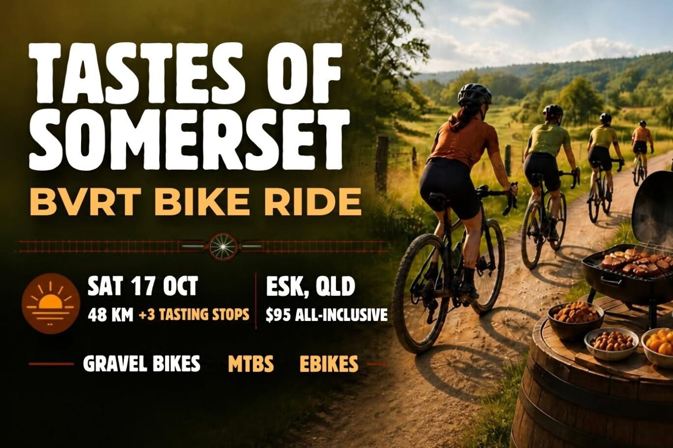 Tastes of Somerset BVRT Bike Ride Poster 17 October 2026. AI generated - cyclists riding along trail with bbq, cup of coffee and bowls of food on a table.