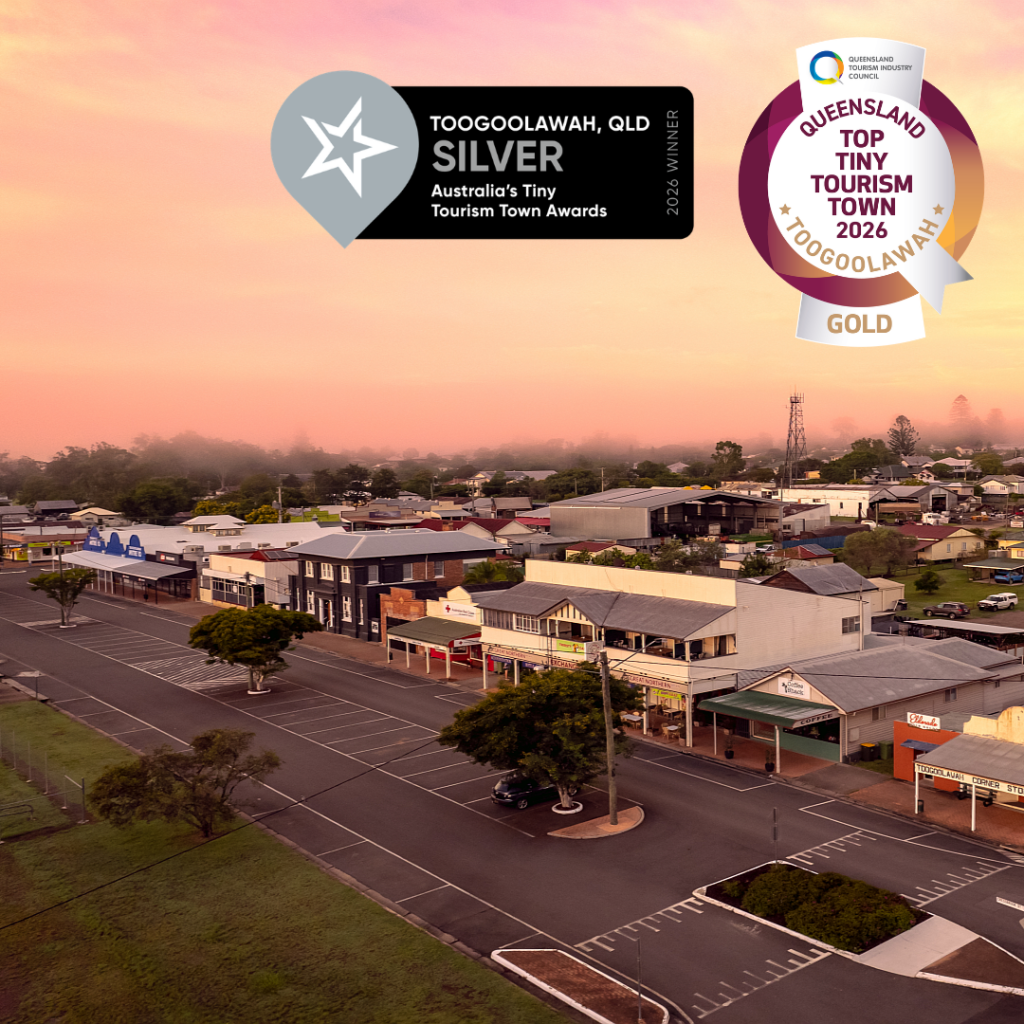 Toogoolawah Streetscape with National Top Tiny Tourism Town Silver Logo and Queensland Top Tiny Tourism Town Gold logo