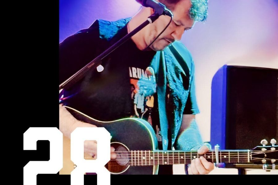 Poster for Live Music at the Brisbane Valley Roasters. Photo of Steve Anderson playing guitar