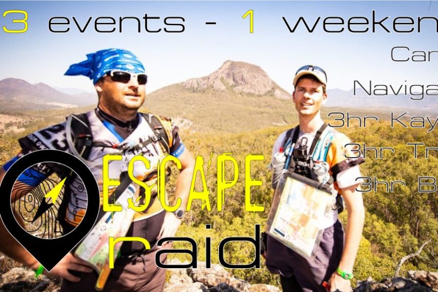 Poster for the Escape Raid Race. Two male athletes on the top of a mountain. Three events over the weekend camp - 3 hour kayak, 3 hour trek, 3 hour bike.