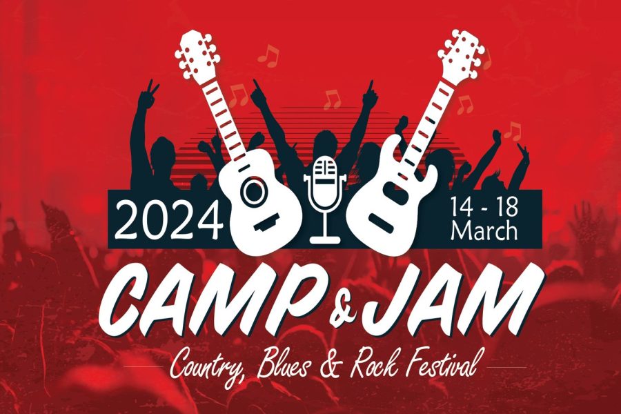Poster for 2024 Esk Camp and Jam, Country, Blues and Rock Festival from 14-18 March. Red background, white writing, 2 white guitars and silhouettes of people in the background.