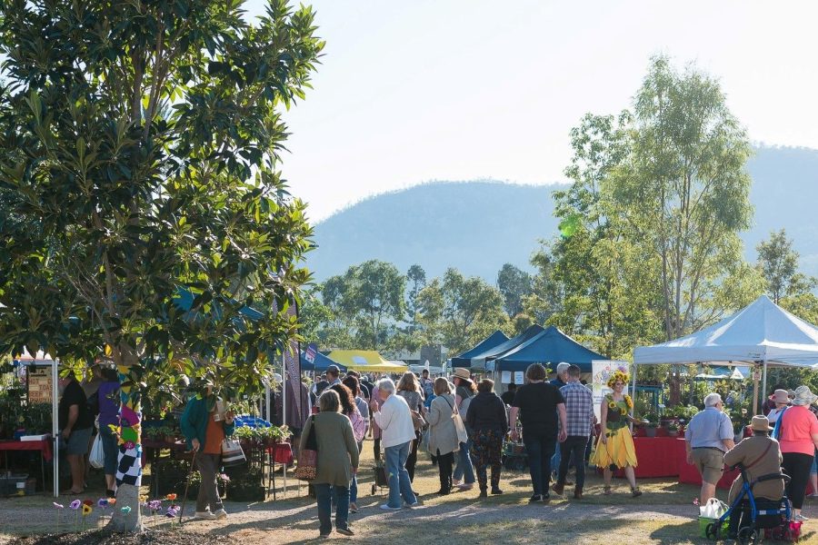 A crowd of people walking around the Esk Garden and Lifestyle Fair. A range of marquees are set up in a park surrounded by trees.