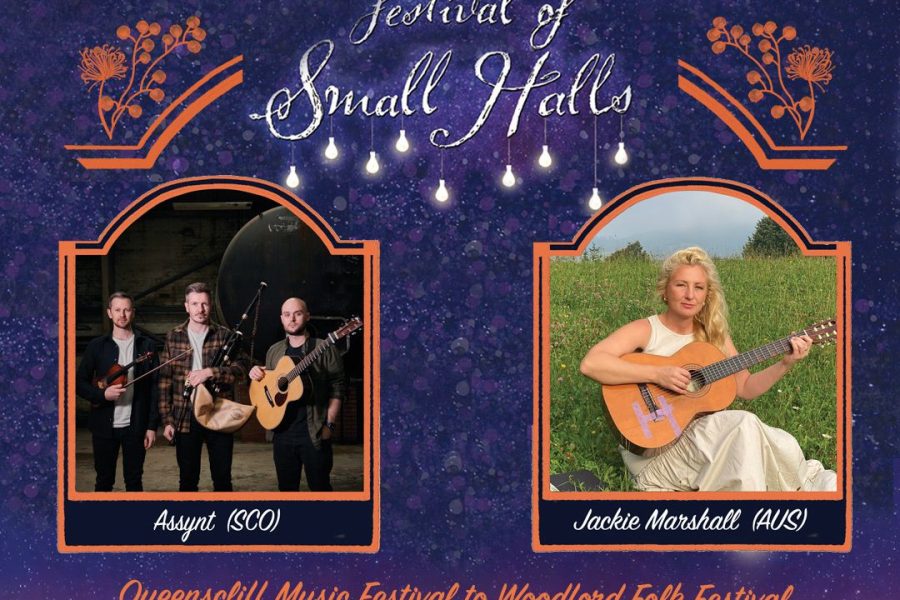 Poster for Festival of Small Halls. Purple background, with photos of the musicians in frames on either side - Assynt (3 male band) on the left and Jackie Marshall (female, sitting with guitar) on the right side.