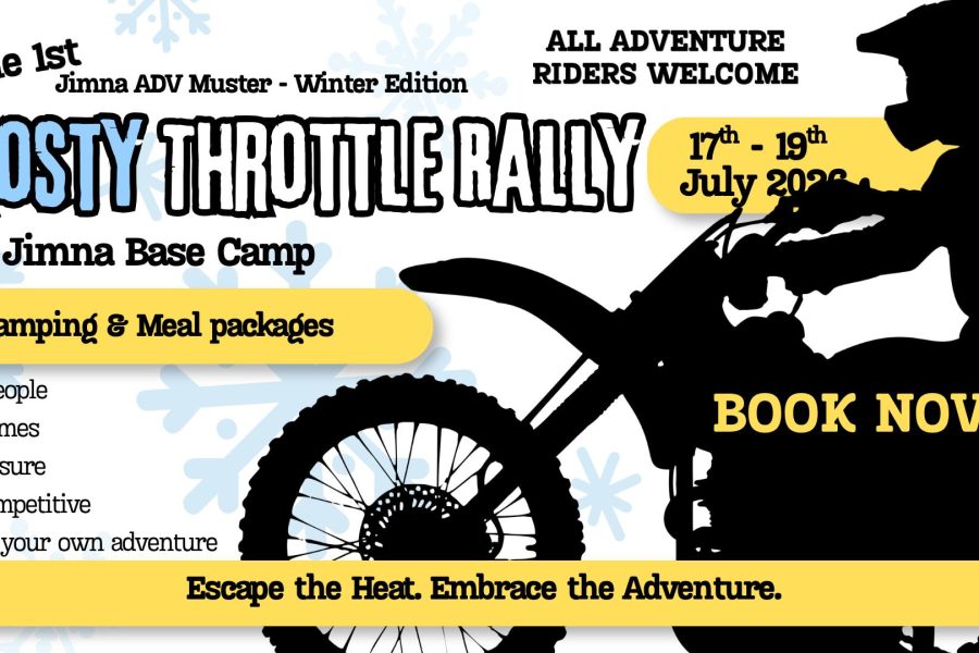 Poster for the Jimna ADV Muster - The Frosty Throttle Rally from 17-19 July 2026 at Jimna Base Camp. Silhouette of a motorbike rider to the right of the poster.