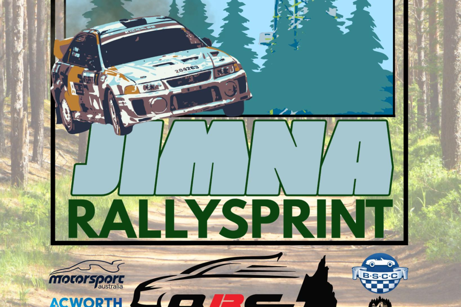 Jimna Rally Sprint - 6 June. Poster has a drawing of a rally car in front of a forest and the Jimna Fire Tower.
