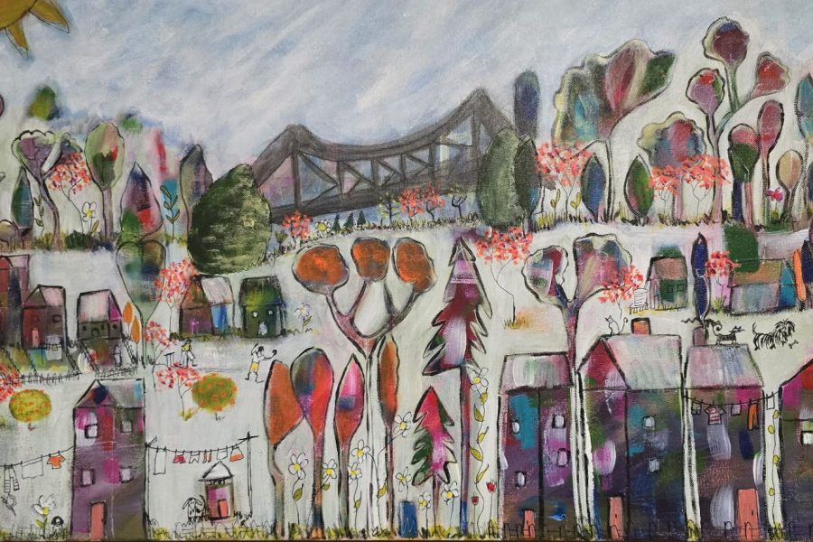 Quirky and Colourful painting of houses, trees and bridge