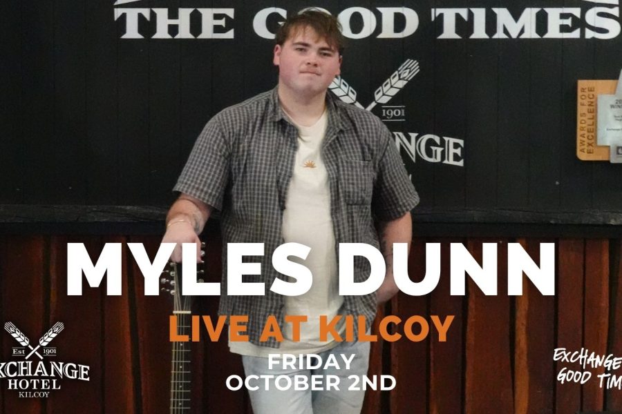 Myles Dunn at The Exchange Hotel Poster - 2 October - country music singer leaning on a guitar