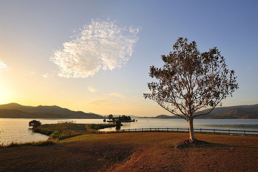 Sunset photo taken lakeside at NRMA Lake Somerset Holiday Park. Faded blue sky with yellow glow along the horizon.
