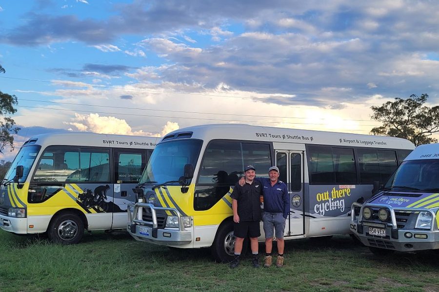 Out There Cycling mini buses ready to transport bike riders and their bikes along the Brisbane Valley Rail Trail