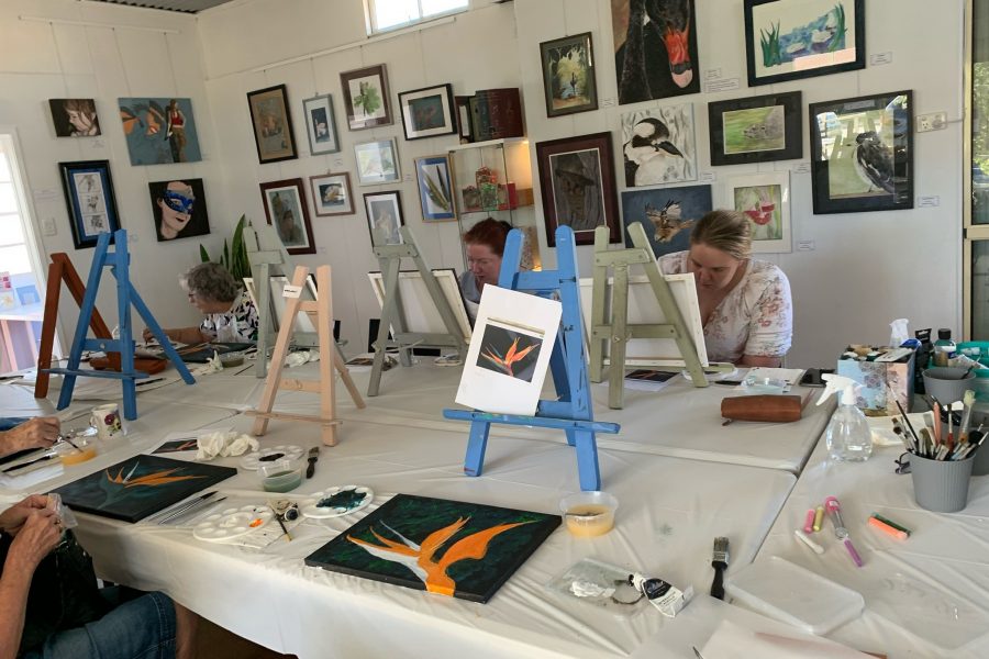 Artwork on display at the Open Door Gallery for the Paint and Sip workshop