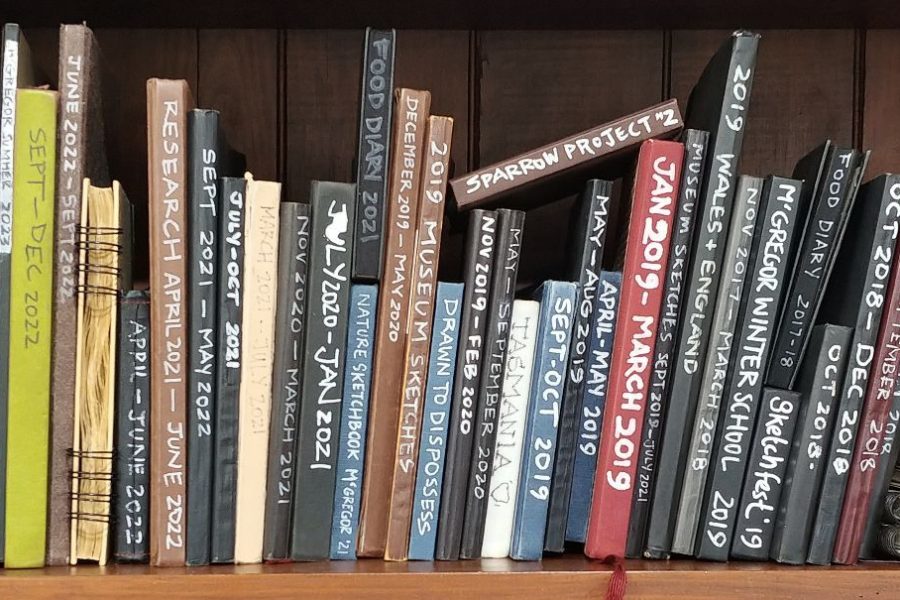 Photograph of artists sketchbooks lined up in a bookshelf. Each book has written date on the spine ranging from 2023 (left side) to 2018 (right side).