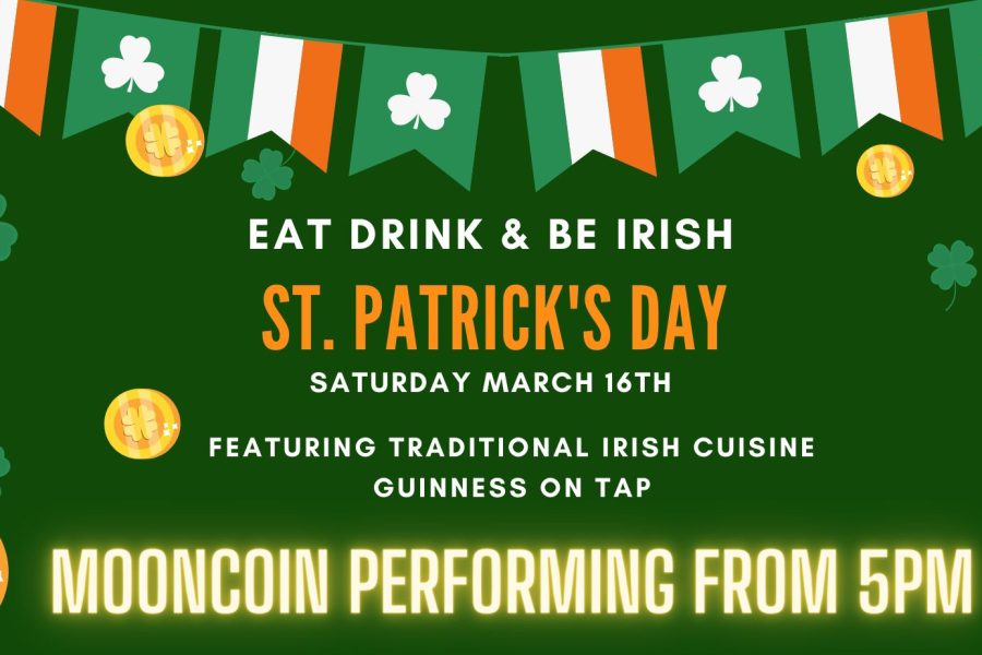 Poster for St Patrick's Day at The Linville Hotel. Green background, Irish flags and clovers as a banner across the top, with gold coins with four leaf clovers scattered across the page