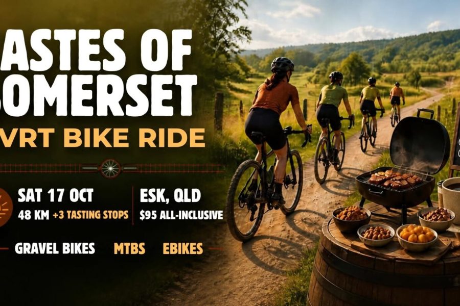 Tastes of Somerset BVRT Bike Ride Poster 17 October 2026. AI generated - cyclists riding along trail with bbq, cup of coffee and bowls of food on a table.
