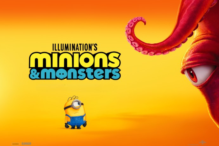 Minions and Monsters Movie poster. A yellow minion wearing blue overalls with one eye, looking a a larger red monster with tentacles