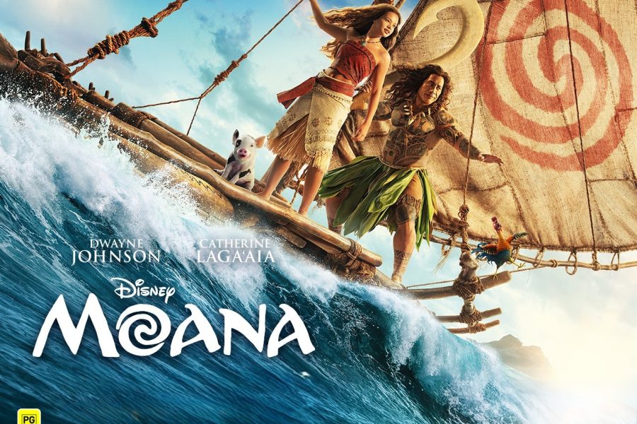 Movie Poster for Moana - Girl and father on a sail canoe riding a wave