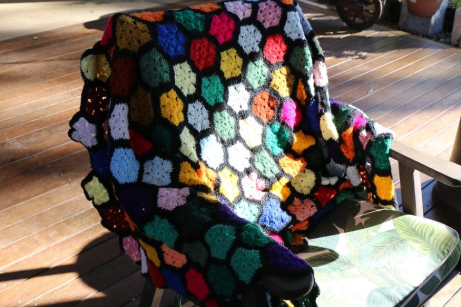 Twilight Grove chair with crochet blanket